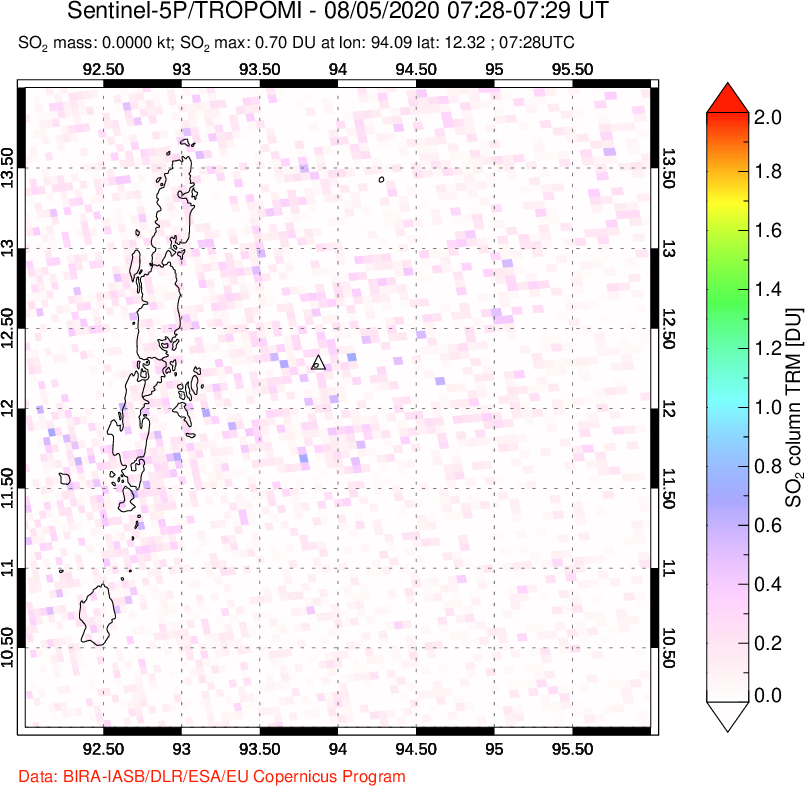 A sulfur dioxide image over Andaman Islands, Indian Ocean on Aug 05, 2020.