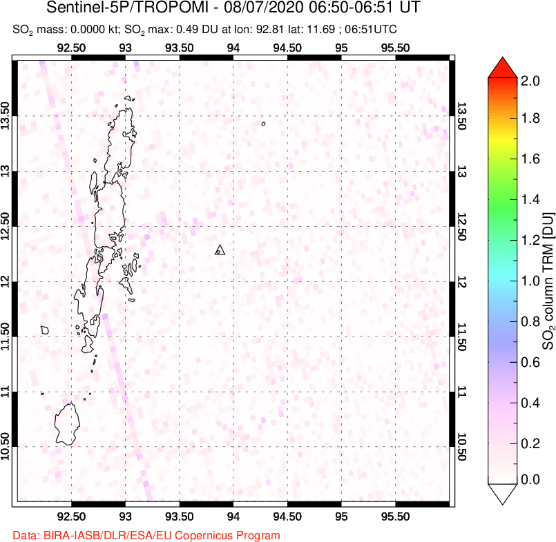 A sulfur dioxide image over Andaman Islands, Indian Ocean on Aug 07, 2020.