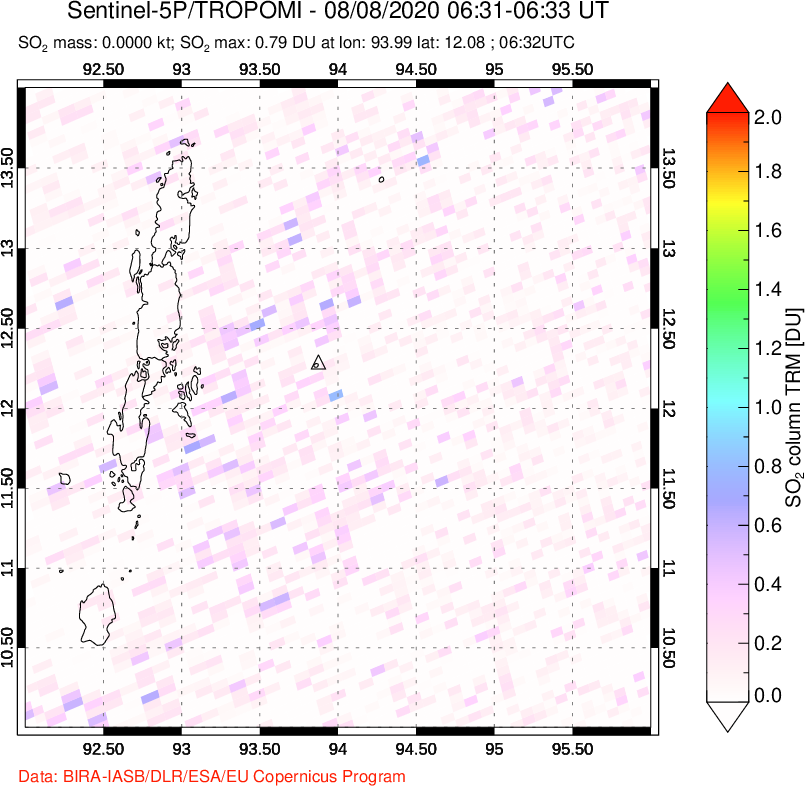 A sulfur dioxide image over Andaman Islands, Indian Ocean on Aug 08, 2020.