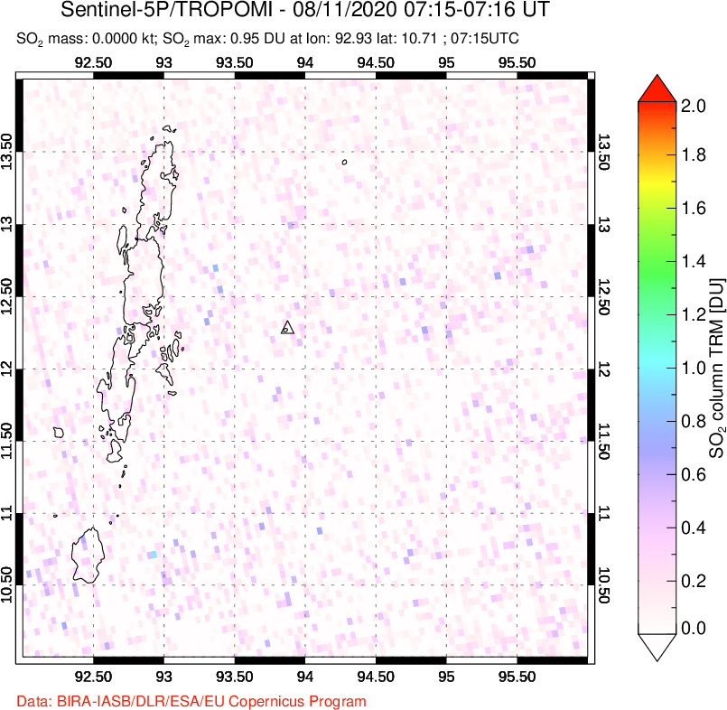 A sulfur dioxide image over Andaman Islands, Indian Ocean on Aug 11, 2020.