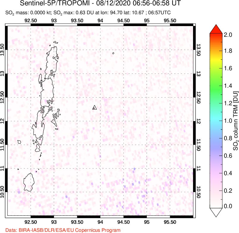 A sulfur dioxide image over Andaman Islands, Indian Ocean on Aug 12, 2020.