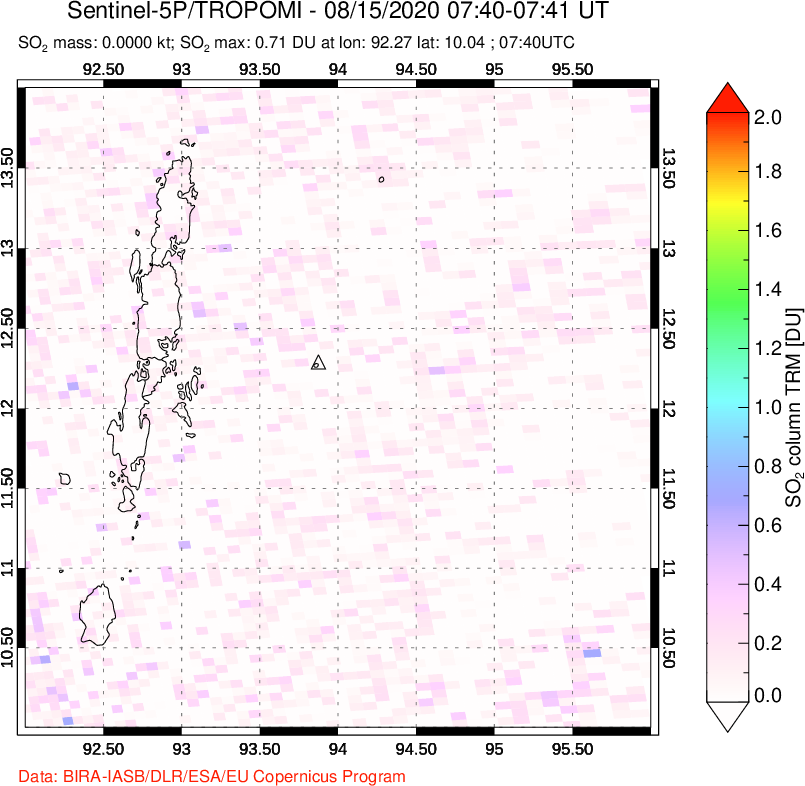 A sulfur dioxide image over Andaman Islands, Indian Ocean on Aug 15, 2020.