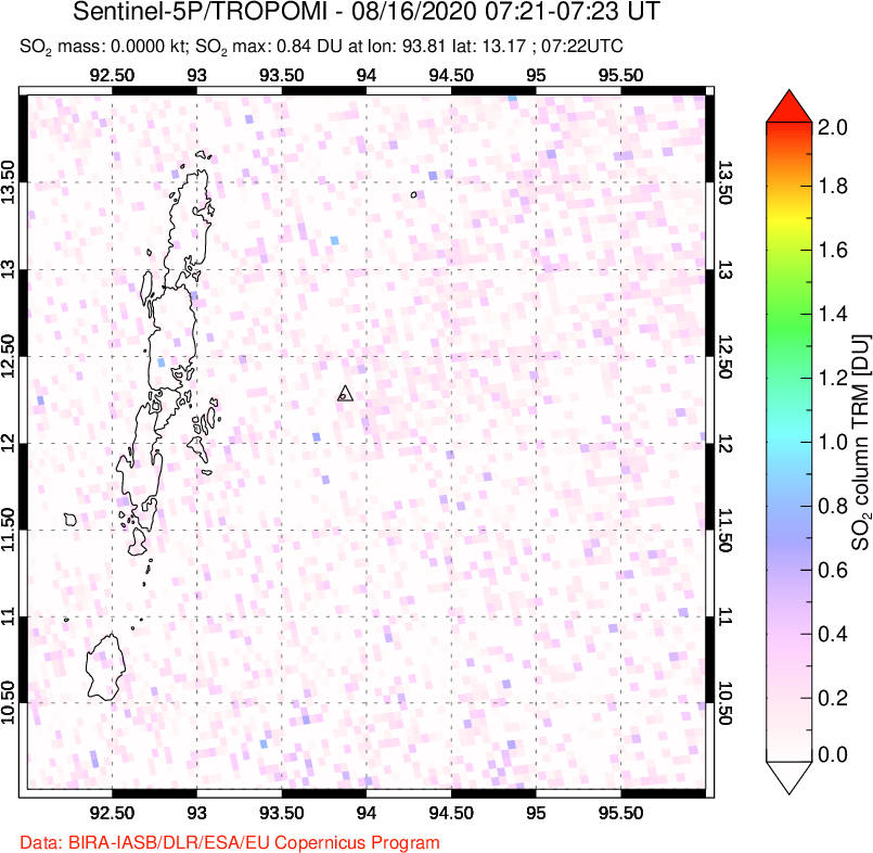 A sulfur dioxide image over Andaman Islands, Indian Ocean on Aug 16, 2020.
