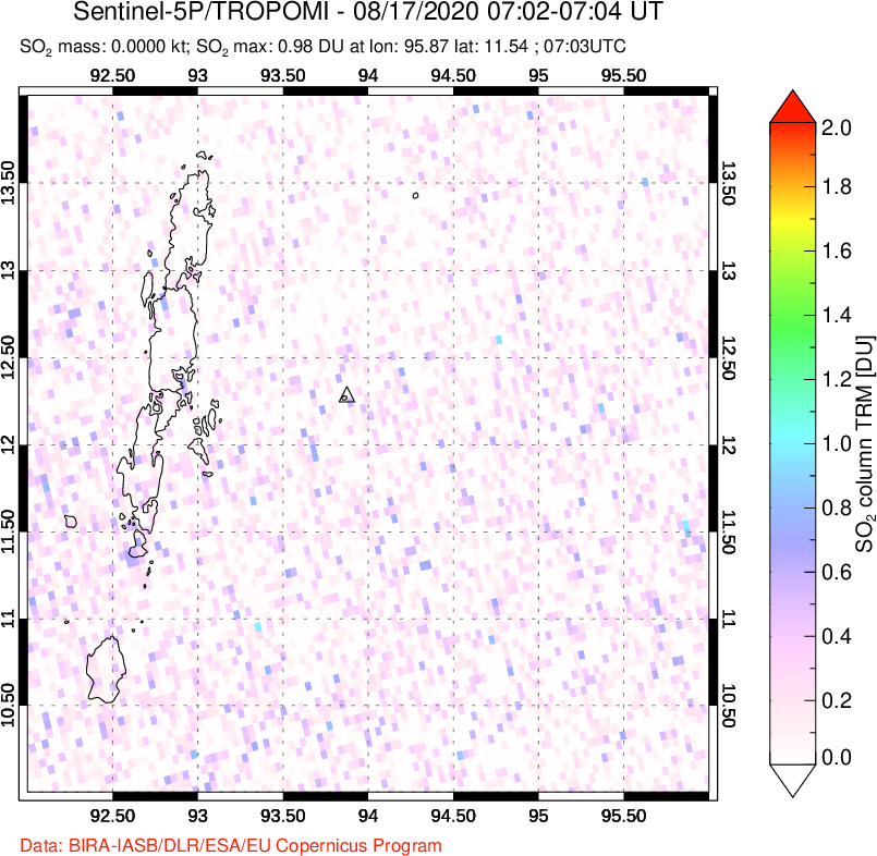 A sulfur dioxide image over Andaman Islands, Indian Ocean on Aug 17, 2020.
