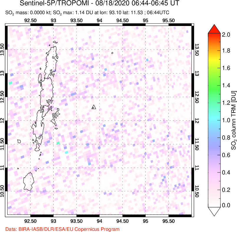 A sulfur dioxide image over Andaman Islands, Indian Ocean on Aug 18, 2020.