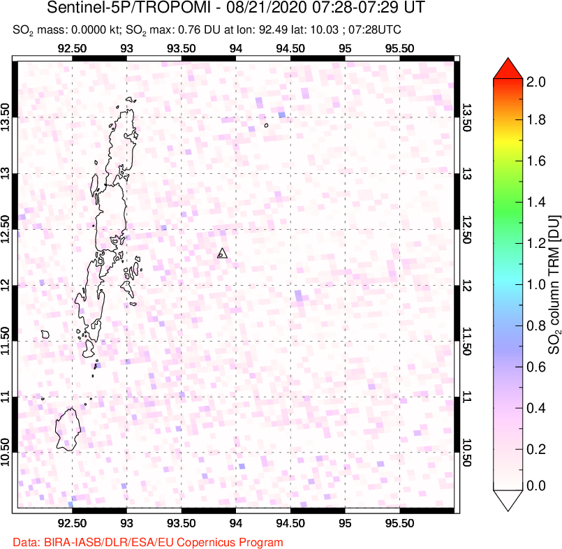 A sulfur dioxide image over Andaman Islands, Indian Ocean on Aug 21, 2020.