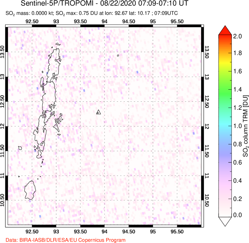 A sulfur dioxide image over Andaman Islands, Indian Ocean on Aug 22, 2020.