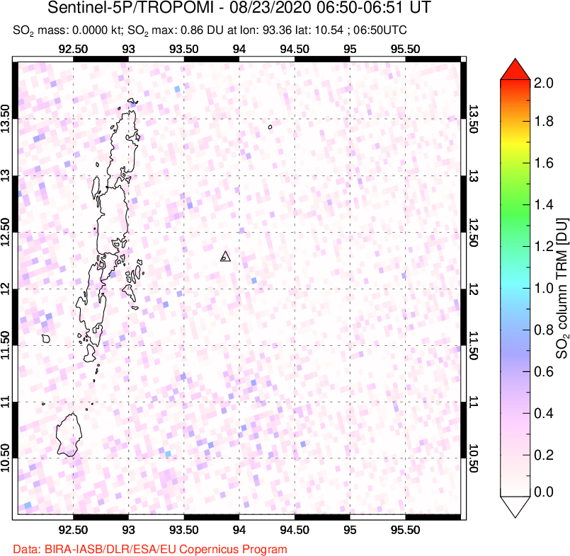 A sulfur dioxide image over Andaman Islands, Indian Ocean on Aug 23, 2020.