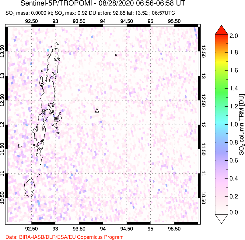 A sulfur dioxide image over Andaman Islands, Indian Ocean on Aug 28, 2020.