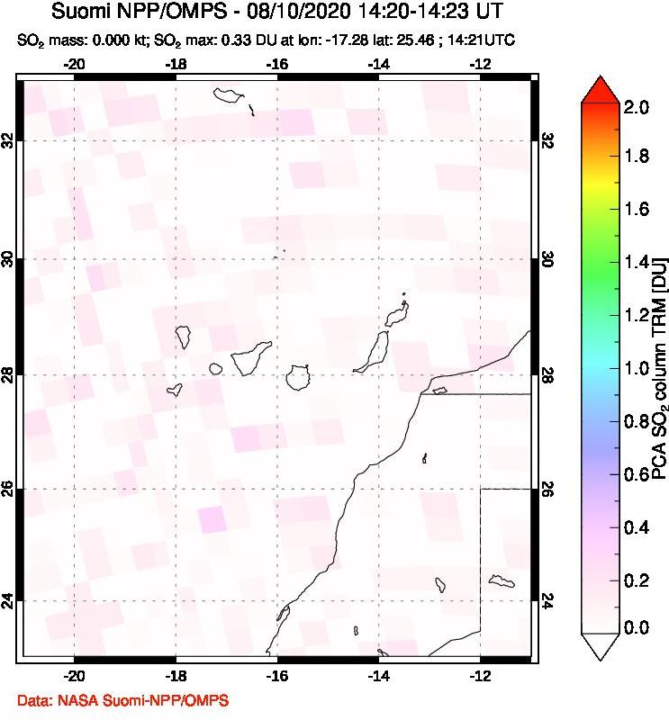 A sulfur dioxide image over Canary Islands on Aug 10, 2020.