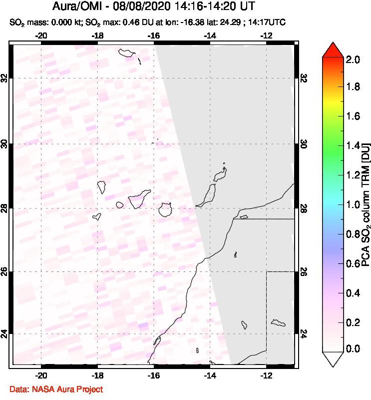 A sulfur dioxide image over Canary Islands on Aug 08, 2020.