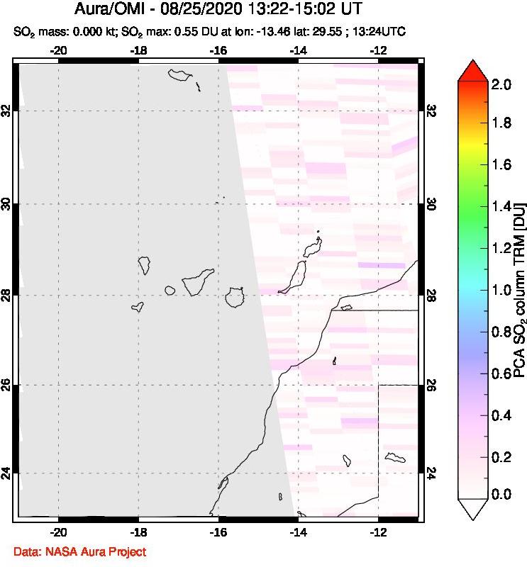 A sulfur dioxide image over Canary Islands on Aug 25, 2020.