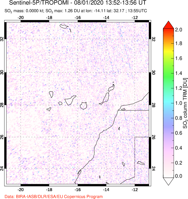 A sulfur dioxide image over Canary Islands on Aug 01, 2020.