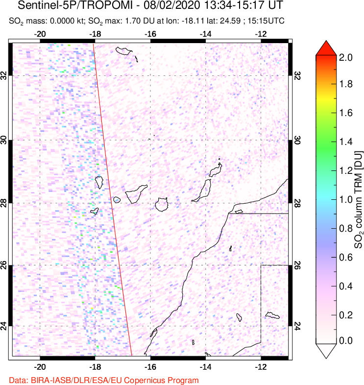 A sulfur dioxide image over Canary Islands on Aug 02, 2020.