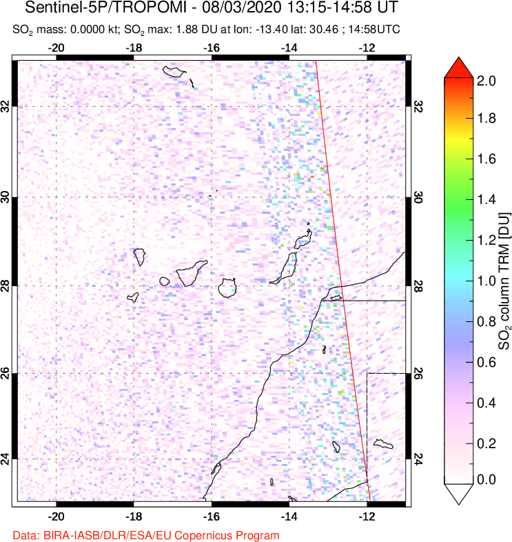 A sulfur dioxide image over Canary Islands on Aug 03, 2020.