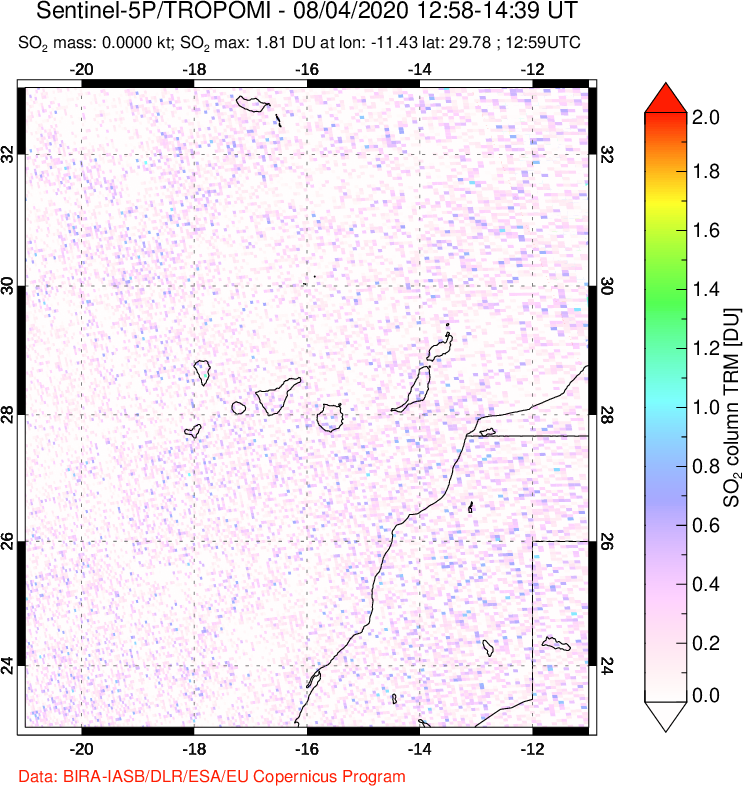 A sulfur dioxide image over Canary Islands on Aug 04, 2020.