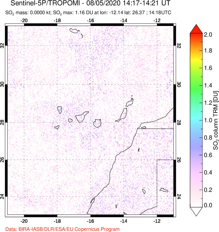 A sulfur dioxide image over Canary Islands on Aug 05, 2020.
