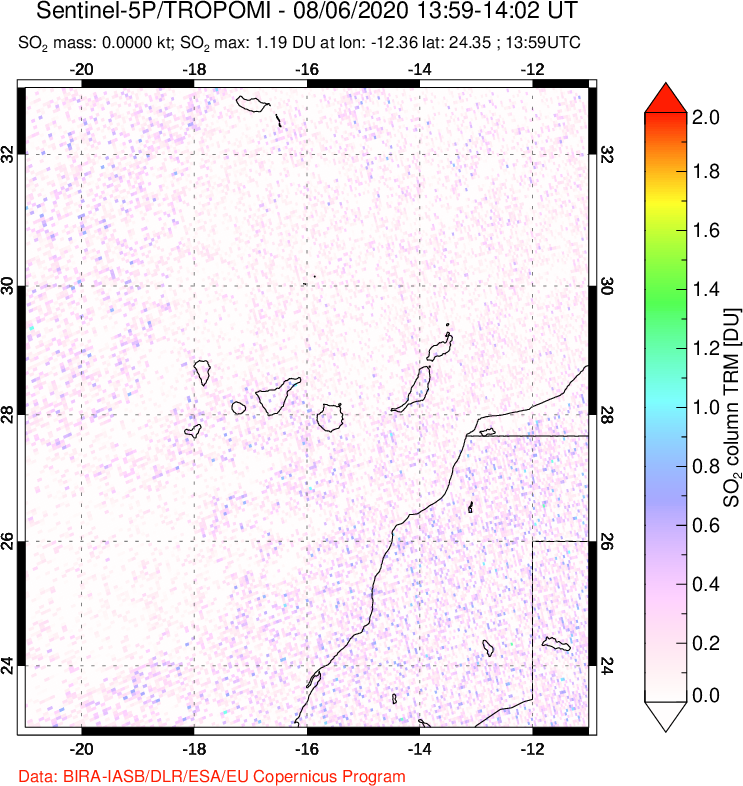 A sulfur dioxide image over Canary Islands on Aug 06, 2020.