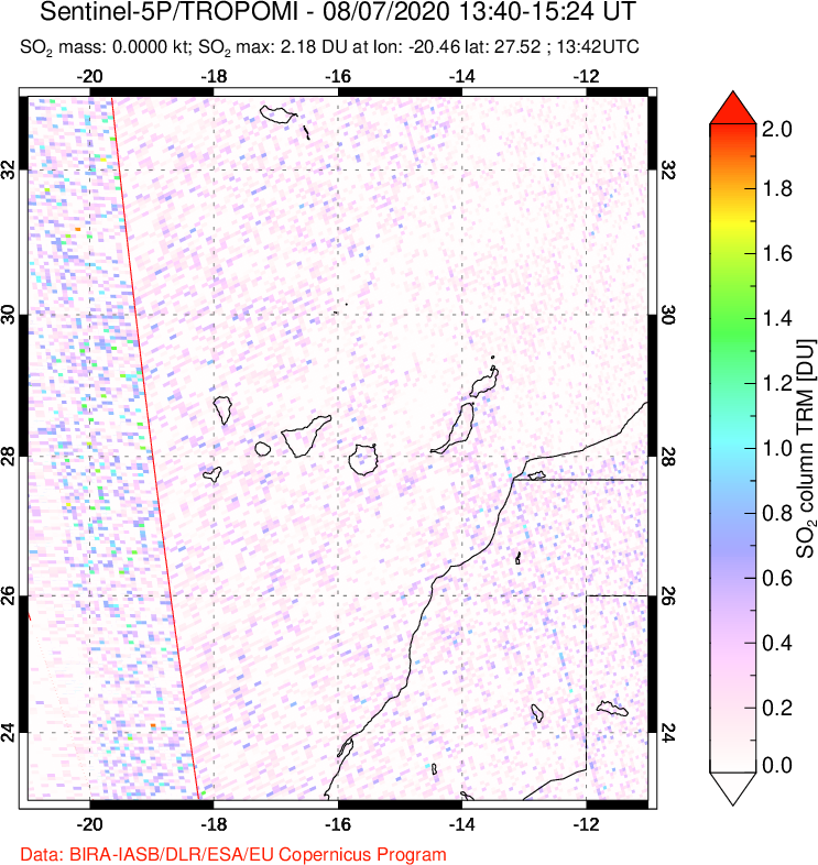 A sulfur dioxide image over Canary Islands on Aug 07, 2020.