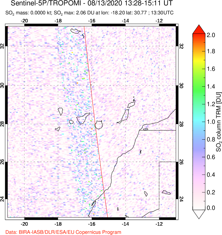 A sulfur dioxide image over Canary Islands on Aug 13, 2020.
