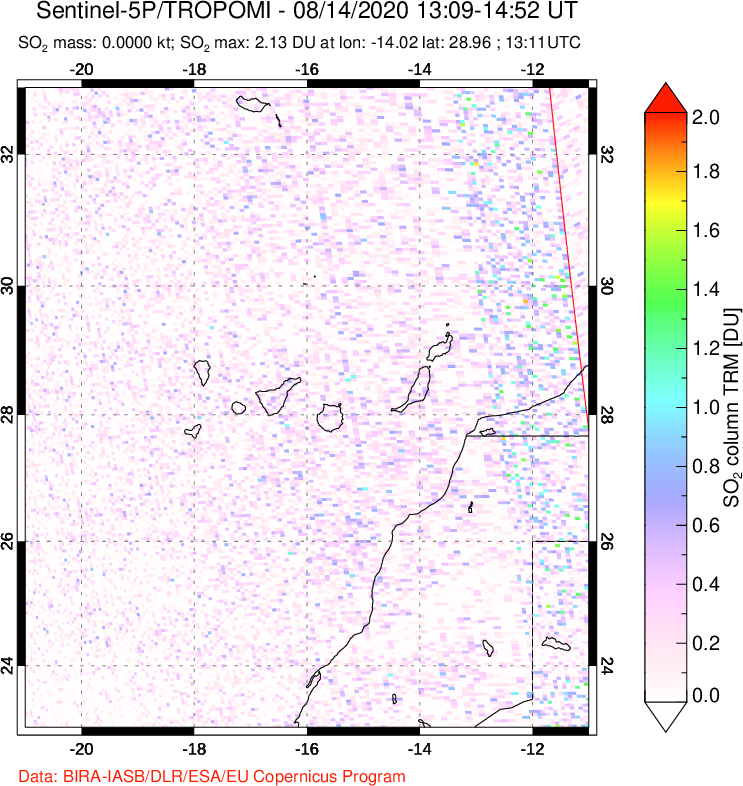 A sulfur dioxide image over Canary Islands on Aug 14, 2020.