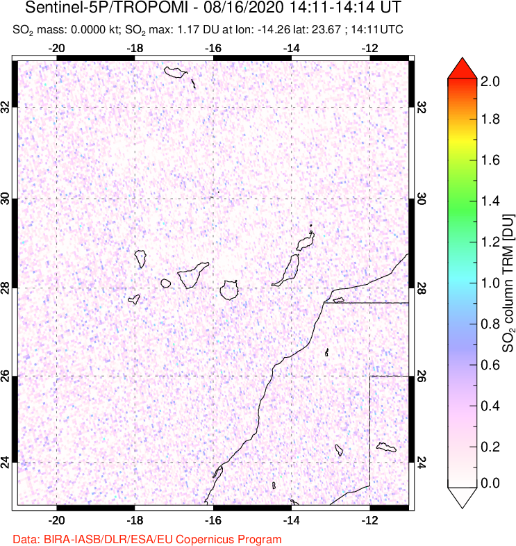 A sulfur dioxide image over Canary Islands on Aug 16, 2020.