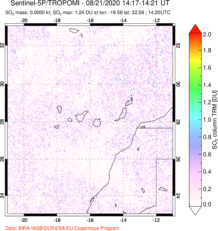 A sulfur dioxide image over Canary Islands on Aug 21, 2020.