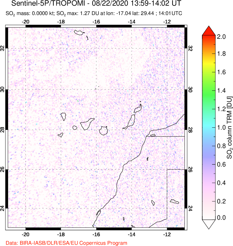A sulfur dioxide image over Canary Islands on Aug 22, 2020.