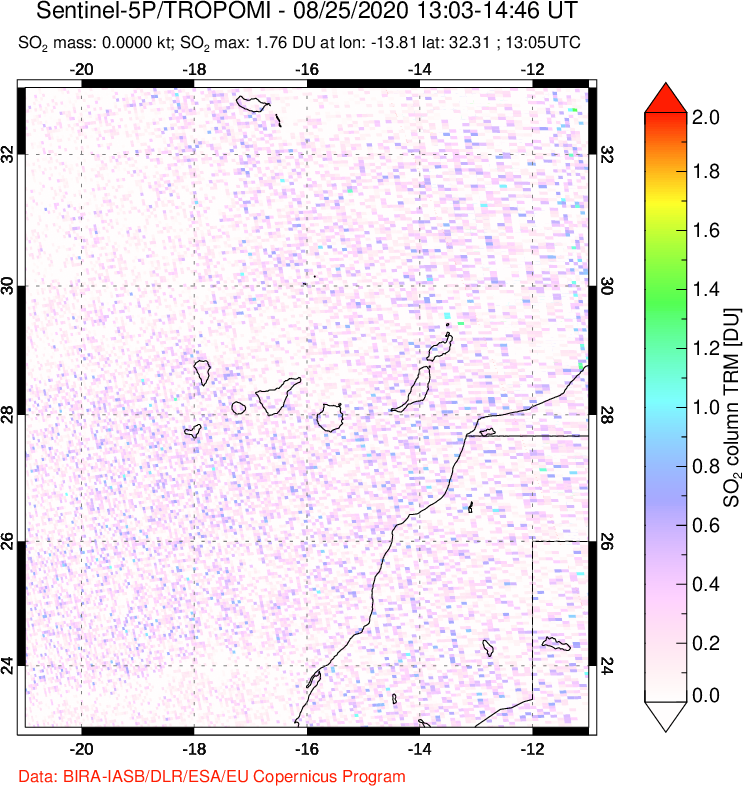 A sulfur dioxide image over Canary Islands on Aug 25, 2020.