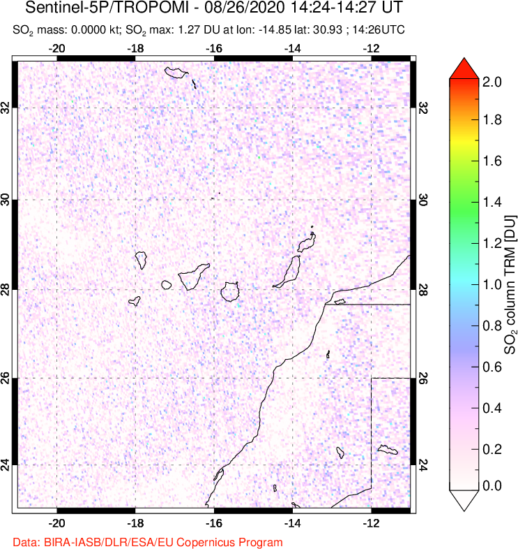 A sulfur dioxide image over Canary Islands on Aug 26, 2020.
