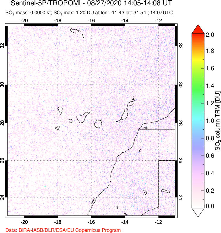 A sulfur dioxide image over Canary Islands on Aug 27, 2020.