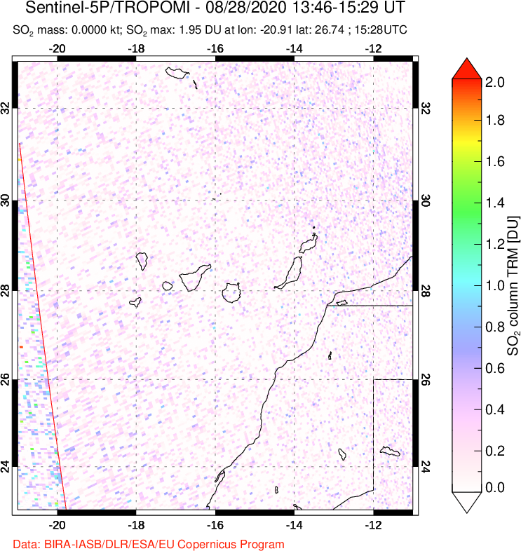 A sulfur dioxide image over Canary Islands on Aug 28, 2020.