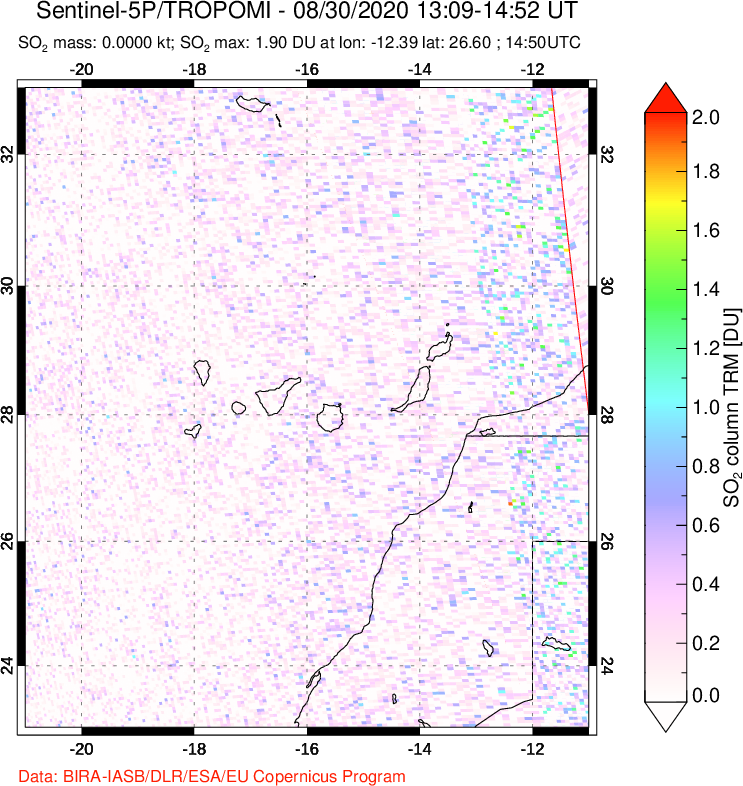 A sulfur dioxide image over Canary Islands on Aug 30, 2020.