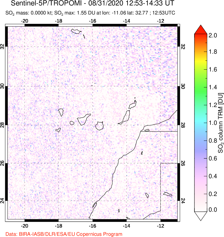 A sulfur dioxide image over Canary Islands on Aug 31, 2020.