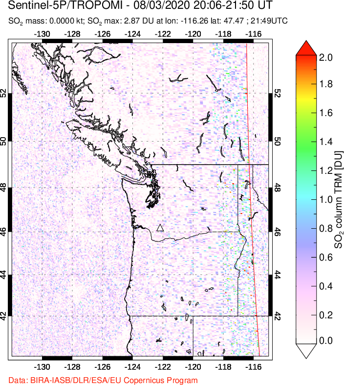 A sulfur dioxide image over Cascade Range, USA on Aug 03, 2020.