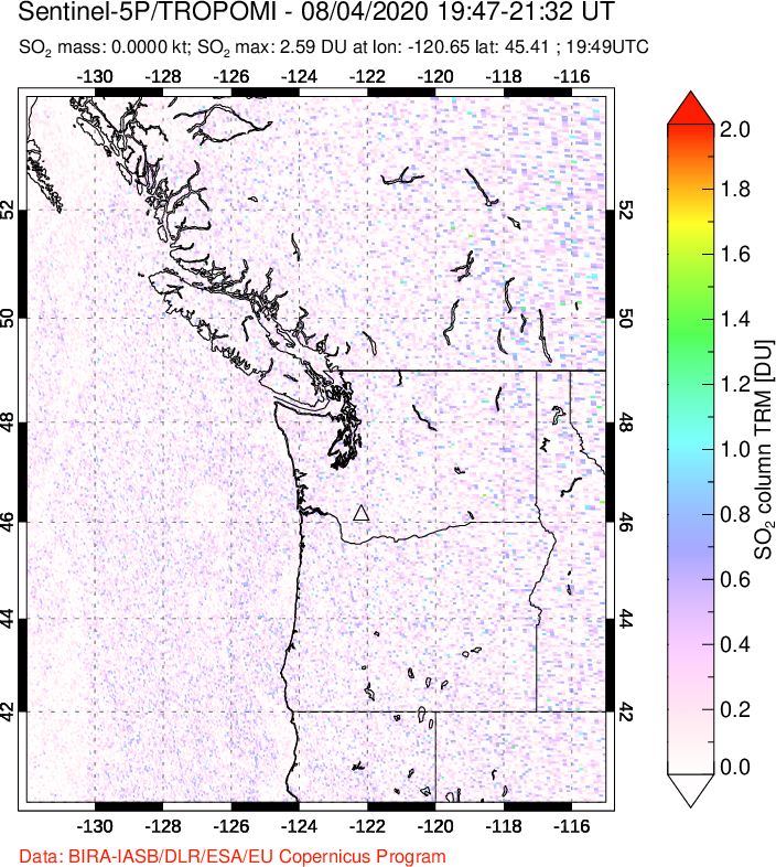 A sulfur dioxide image over Cascade Range, USA on Aug 04, 2020.