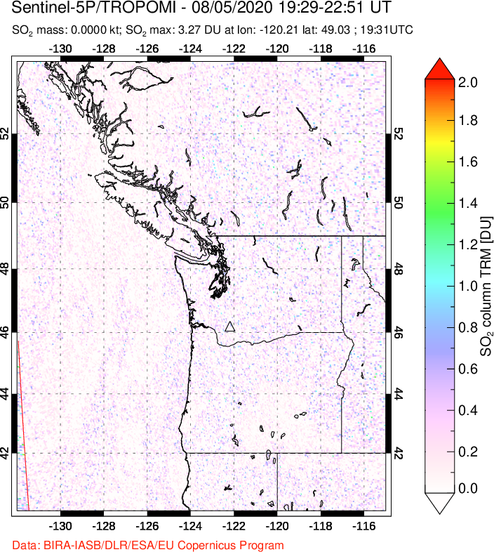 A sulfur dioxide image over Cascade Range, USA on Aug 05, 2020.