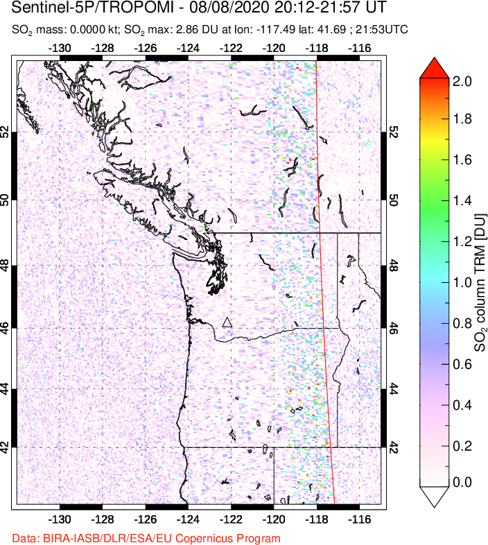 A sulfur dioxide image over Cascade Range, USA on Aug 08, 2020.