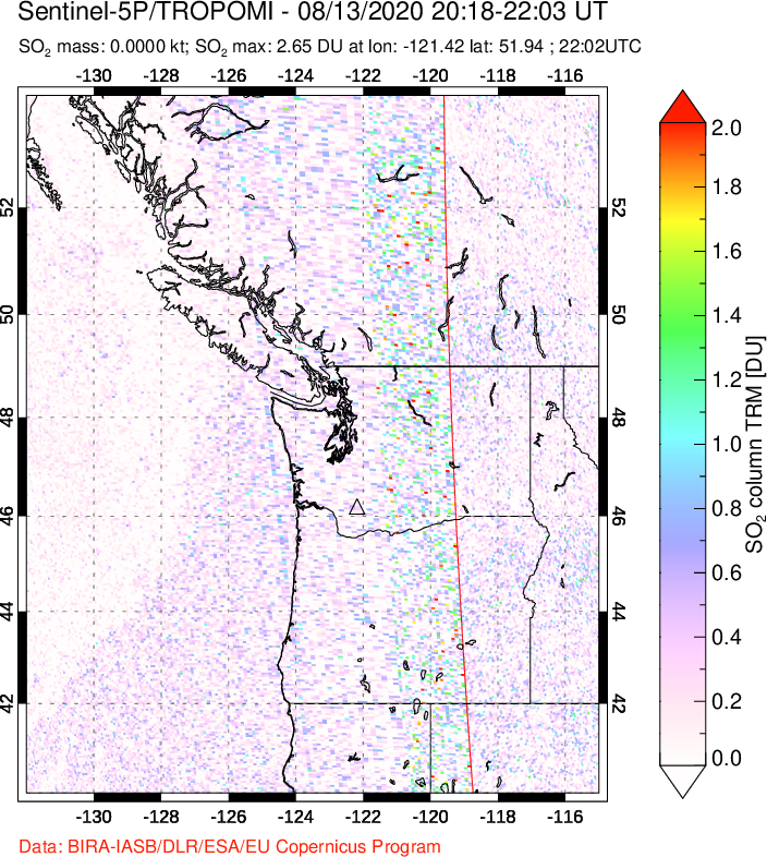 A sulfur dioxide image over Cascade Range, USA on Aug 13, 2020.