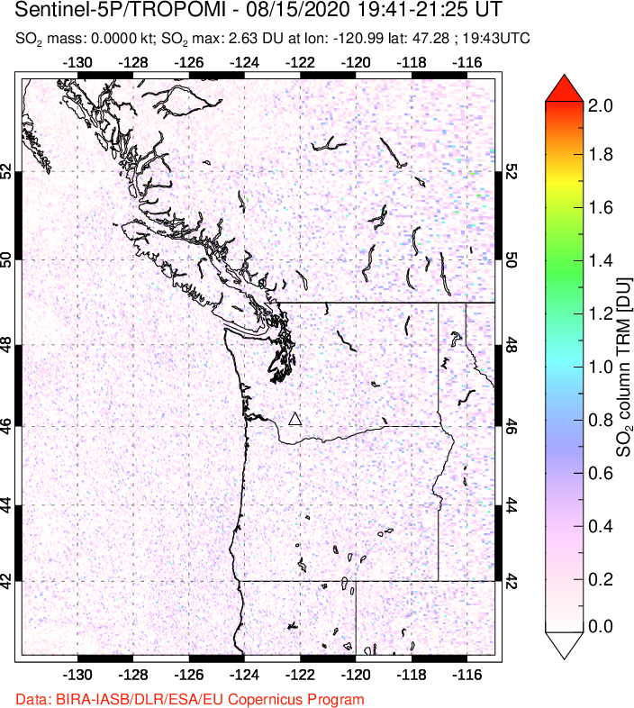 A sulfur dioxide image over Cascade Range, USA on Aug 15, 2020.