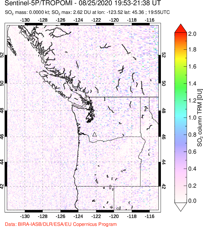 A sulfur dioxide image over Cascade Range, USA on Aug 25, 2020.