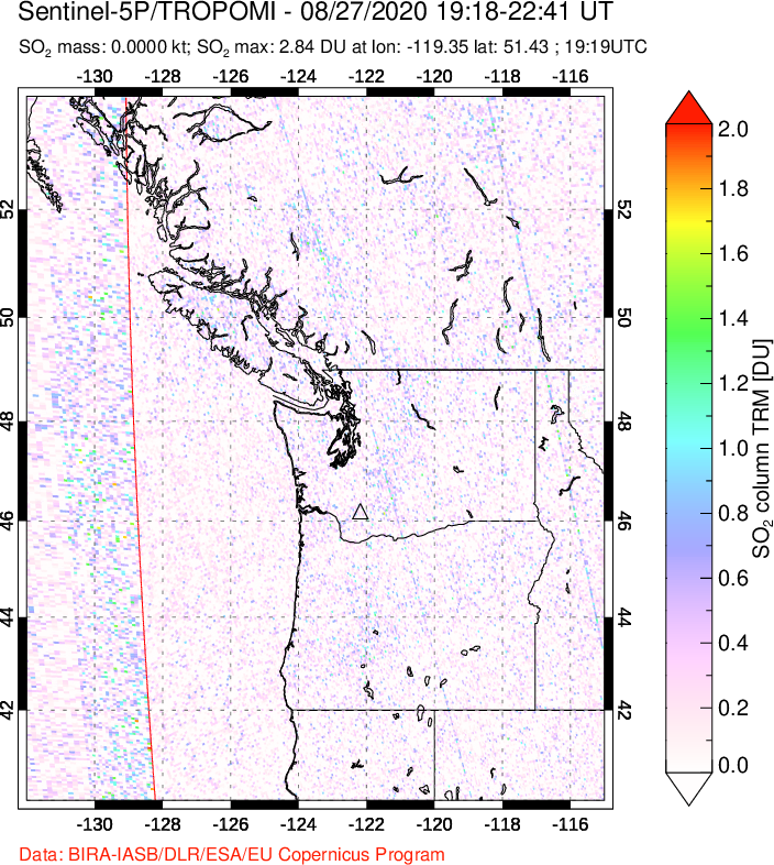 A sulfur dioxide image over Cascade Range, USA on Aug 27, 2020.