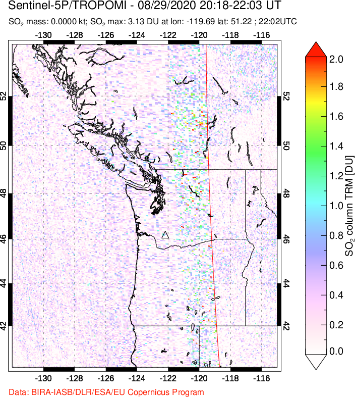 A sulfur dioxide image over Cascade Range, USA on Aug 29, 2020.