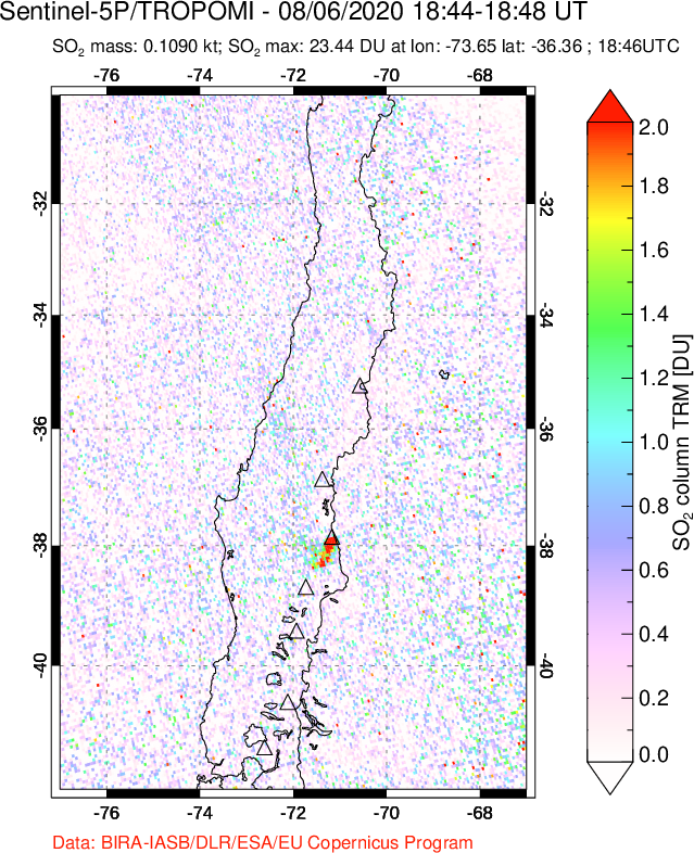 A sulfur dioxide image over Central Chile on Aug 06, 2020.