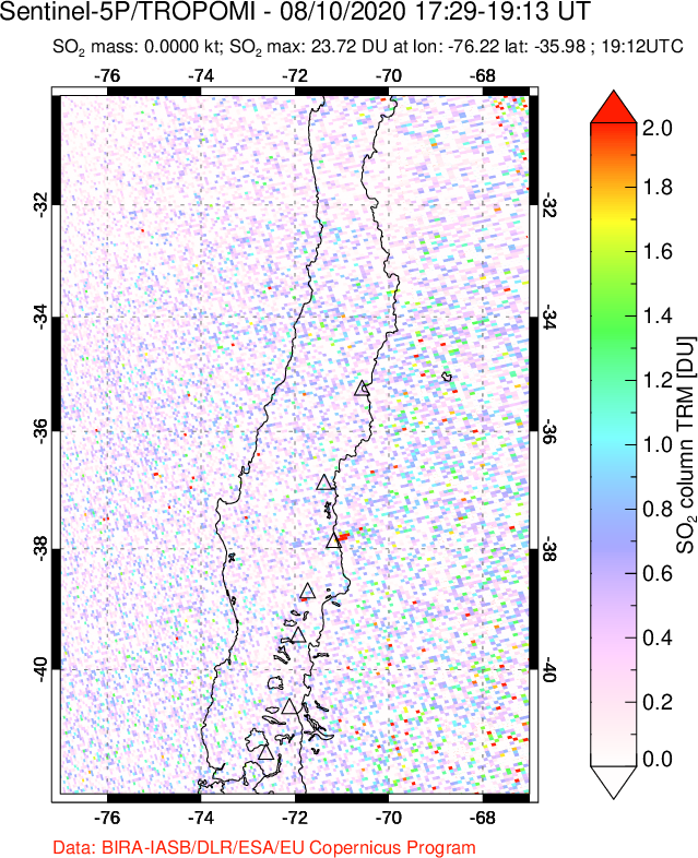 A sulfur dioxide image over Central Chile on Aug 10, 2020.