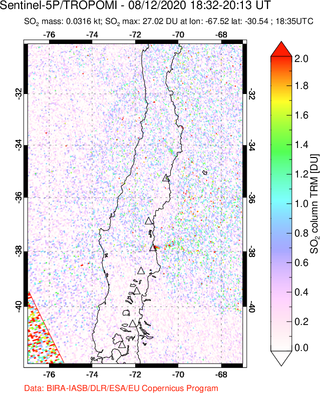 A sulfur dioxide image over Central Chile on Aug 12, 2020.