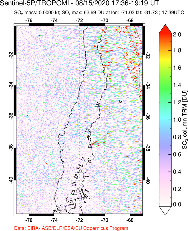 A sulfur dioxide image over Central Chile on Aug 15, 2020.