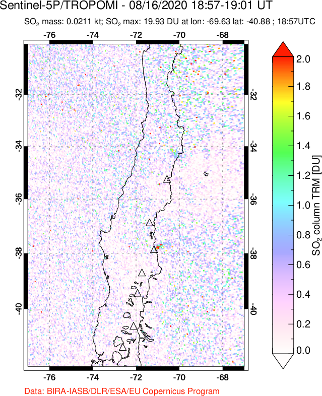 A sulfur dioxide image over Central Chile on Aug 16, 2020.