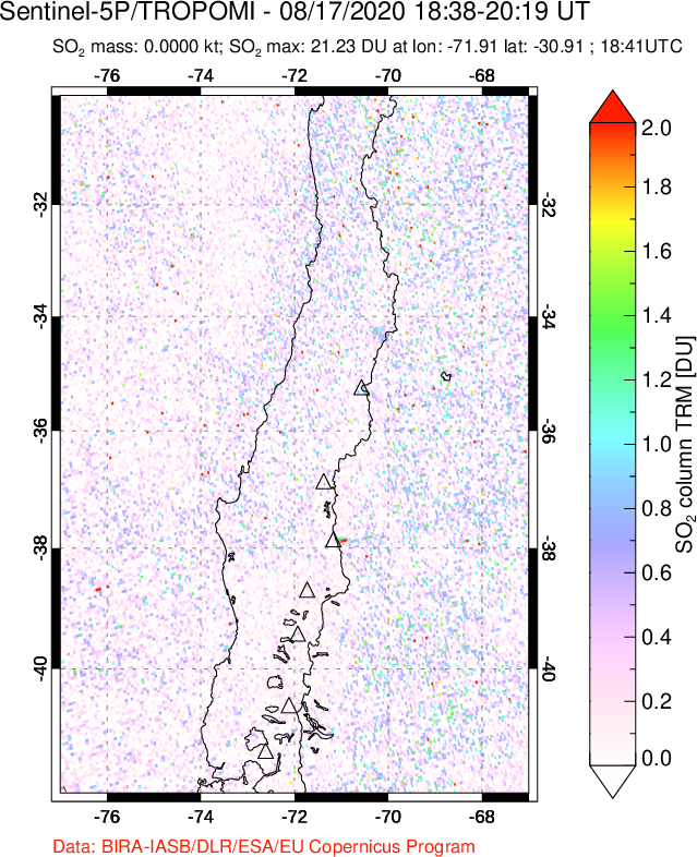A sulfur dioxide image over Central Chile on Aug 17, 2020.