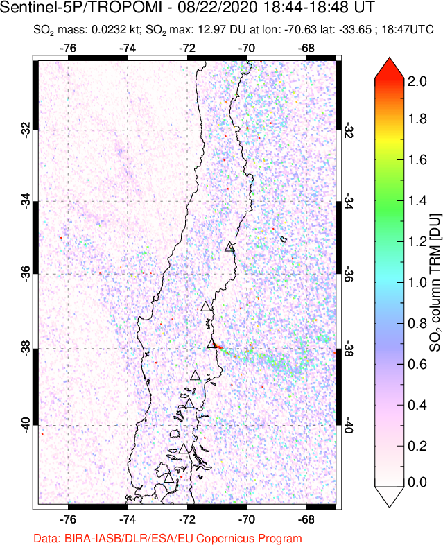 A sulfur dioxide image over Central Chile on Aug 22, 2020.